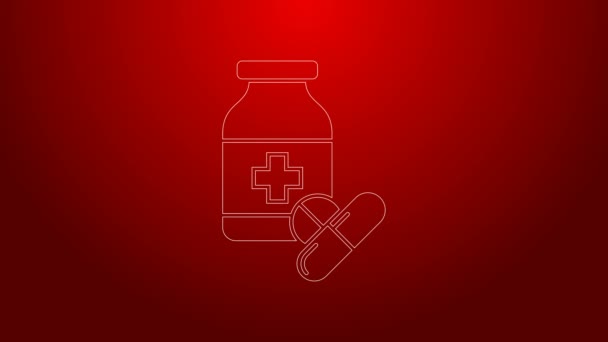 Groene lijn Medicijn fles en pillen pictogram geïsoleerd op rode achtergrond. Flessenpil teken. Farmaceutisch ontwerp. 4K Video motion grafische animatie — Stockvideo