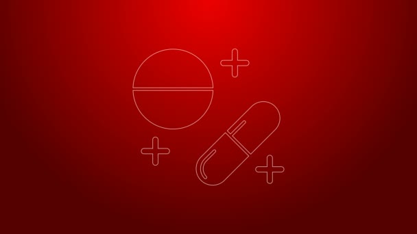 Grön linje medicin piller eller tablett ikon isolerad på röd bakgrund. Kapselpiller och drogtecken. Farmaceutisk design. 4K Video motion grafisk animation — Stockvideo