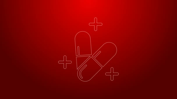 Green line Medicine pill or tablet icon isolated on red background. Capsule pill and drug sign. Pharmacy design. 4K Video motion graphic animation — Stock Video