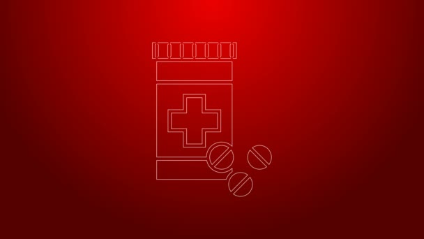 Green line Medicine bottle and pills icon isolated on red background. Bottle pill sign. Pharmacy design. 4K Video motion graphic animation — Stock Video