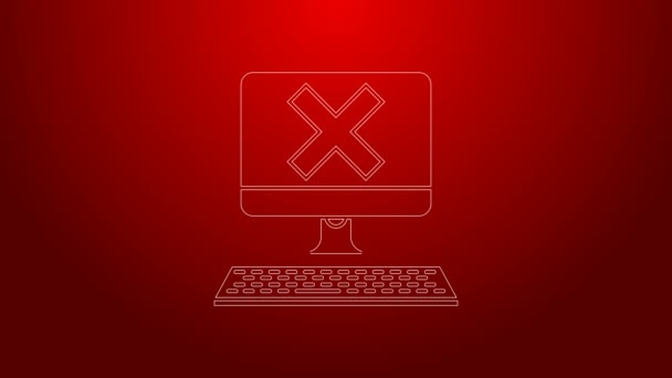 Línea verde Ordenador con teclado e icono de marca x aislado sobre fondo rojo. Ventana de error, botón de salida, cancelar, página de error 404 no se encuentra concepto. Animación gráfica de vídeo 4K — Vídeos de Stock