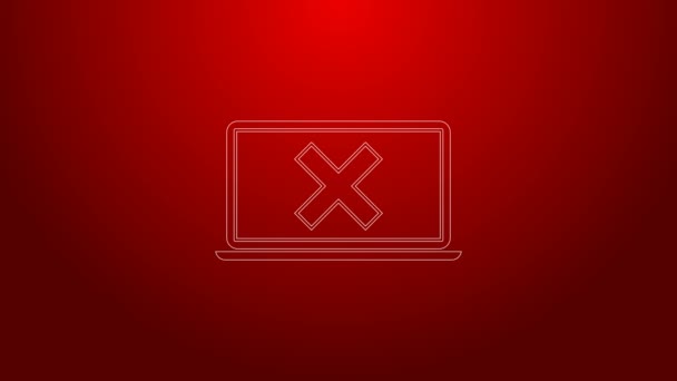 Línea verde Laptop y marca cruzada en el icono de la pantalla aislada sobre fondo rojo. Ventana de error, botón de salida, cancelar, página de error 404 no se encuentra concepto. Animación gráfica de vídeo 4K — Vídeos de Stock