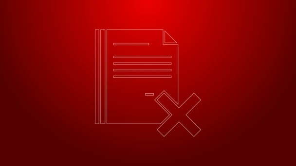 Green line Delete file document icon isolated on red background. Rejected document icon. Cross on paper. 4K Video motion graphic animation — Stock Video