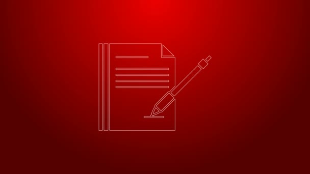 Línea verde Cuaderno en blanco y lápiz icono aislado sobre fondo rojo. Papel y pluma. Animación gráfica de vídeo 4K — Vídeos de Stock