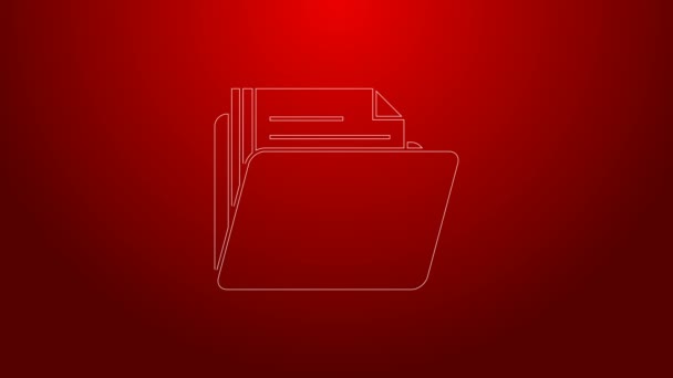 Línea verde Icono de la carpeta Documento aislado sobre fondo rojo. Símbolo de encuadernación contable. Dirección de contabilidad. Animación gráfica de vídeo 4K — Vídeos de Stock