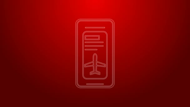 Зеленая линия Смартфон с электронным посадочным талоном авиабилет значок изолирован на красном фоне. Мобильный билет пассажирского самолета для веб и приложения. Видеографическая анимация 4K — стоковое видео