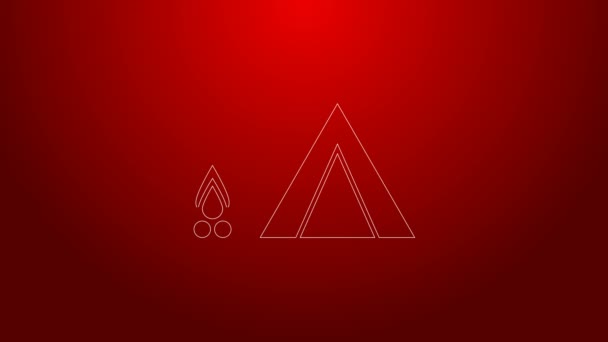 Ligne verte Tente touristique avec icône de feu de bois isolé sur fond rouge. Symbole camping. Animation graphique de mouvement vidéo 4K — Video