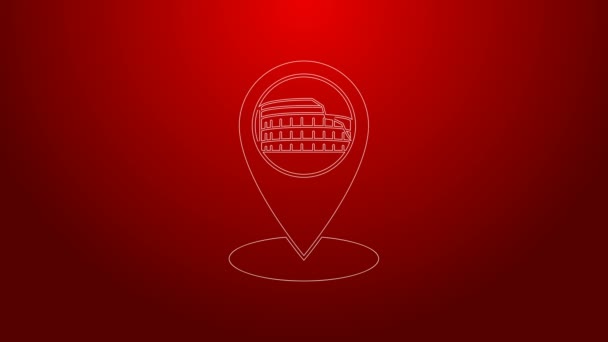 Green line Map pointer with Coliseum in Rome, Italy icon isolated on red background. Colosseum sign. Symbol of Ancient Rome, gladiator fights. 4K Video motion graphic animation — Stock Video