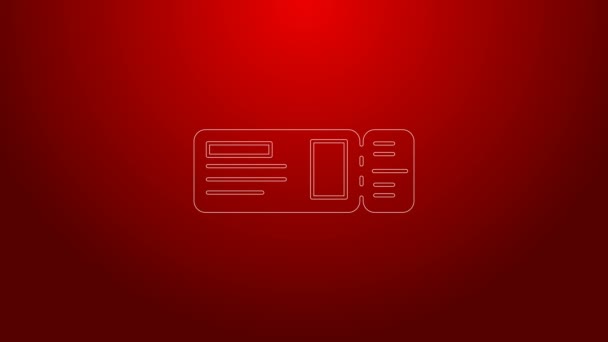 Green line Travel ticket icon isolated on red background. Train, ship, plane, tram, bus transport. Travel service concept. 4K Video motion graphic animation — Stock Video