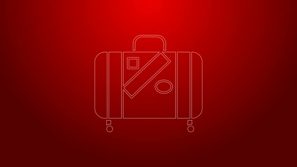 Zielona linia Walizka na ikonę podróży i naklejek izolowana na czerwonym tle. Podróżujący znak bagażu. Ikona bagażu podróżnych. 4K Animacja graficzna ruchu wideo — Wideo stockowe