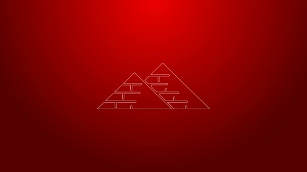 緑の線エジプトのピラミッドのアイコンは、赤の背景に隔離された。古代エジプトの象徴。4Kビデオモーショングラフィックアニメーション — ストック動画