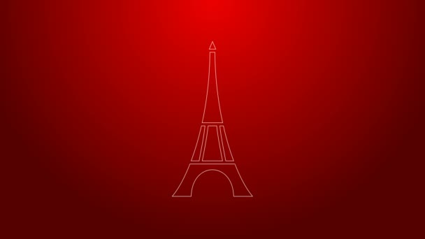 Línea verde Icono de la torre Eiffel aislado sobre fondo rojo. Francia París símbolo emblemático. Animación gráfica de vídeo 4K — Vídeo de stock