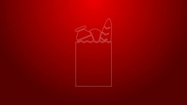 Grönlinje Papper shoppingväska och livsmedel ikon isolerad på röd bakgrund. Mataffär, snabbköp. 4K Video motion grafisk animation — Stockvideo