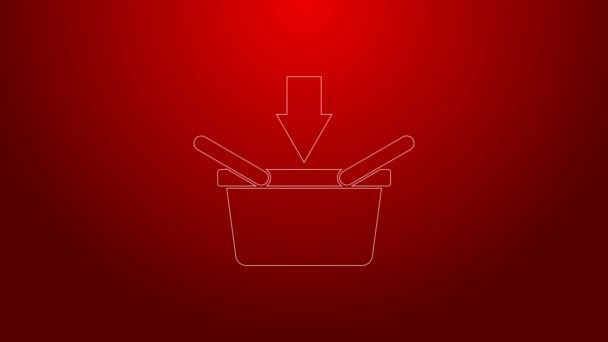 Green line Shopping basket icon isolated on red background. Online buying concept. Delivery service sign. Shopping cart symbol. 4K Video motion graphic animation — Stock Video