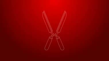 Kırmızı arkaplanda izole edilmiş simgeyi budamak için yeşil çizgili el yapımı makas. Ahşap saplı budama makası. 4K Video hareketli grafik canlandırması