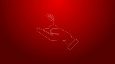 Çevre koruma ikonunun elindeki yeşil çizgi kırmızı arka planda izole edilmiş. Tohum ve tohum. Fidan dikiyorum. Ekoloji konsepti. 4K Video hareketli grafik canlandırması