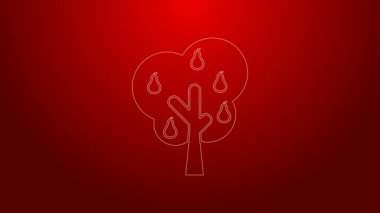 Kırmızı zemin üzerinde armut simgesi olan yeşil çizgi ağacı. Tarım fabrikası. Organik tarım ürünü. Bahçe teması. 4K Video hareketli grafik canlandırması