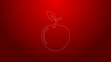 Yeşil çizgi Apple simgesi kırmızı arkaplanda izole edildi. Yaprak sembollü meyve. 4K Video hareketli grafik canlandırması