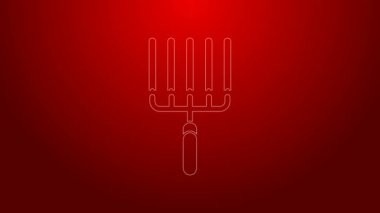 Yeşil çizgili bahçe tırmığı kırmızı arka planda izole edilmiş iş simgesi. Bahçecilik, tarım, çiftçilik aleti. Toprak işçisi. 4K Video hareketli grafik canlandırması