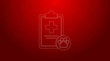 Kırmızı arka planda izole edilmiş tıbbi kayıt evcil hayvan ikonu olan yeşil çizgi panosu. Sağlık sigortası formu. Tıbbi kontrol işaretleri raporu. 4K Video hareketli grafik canlandırması