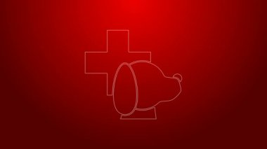 Yeşil çizgi Veterinerlik Kliniği sembolü kırmızı arka planda izole edildi. Köpek veterinerliği ile karşılaştır. Evcil hayvan ilk yardım işareti. 4K Video hareketli grafik canlandırması