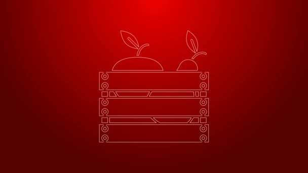 绿色线木箱水果和蔬菜图标孤立的红色背景.4K视频运动图形动画 — 图库视频影像