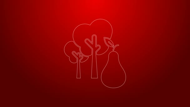 Green line Tree with pears icon isolated on red background. Agricultural plant. Organic farm product. Gardening theme. 4K Video motion graphic animation — Stock Video