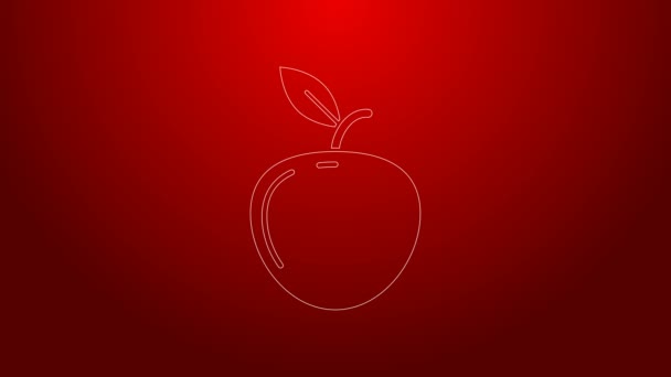 Grüne Linie Apple-Symbol isoliert auf rotem Hintergrund. Obst mit Blattsymbol. 4K Video Motion Grafik Animation — Stockvideo