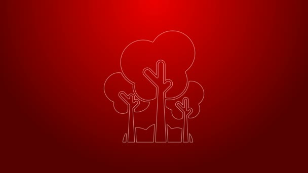 Zelená čára Ikona Stromy izolované na červeném pozadí. Symbol lesa. Grafická animace pohybu videa 4K — Stock video