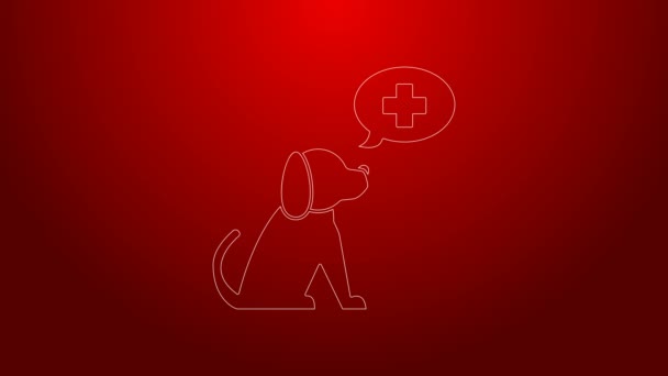 Línea verde Icono de símbolo de la clínica veterinaria aislado sobre fondo rojo. Cruza con la atención veterinaria del perro. Signo de primeros auxilios. Animación gráfica de vídeo 4K — Vídeos de Stock