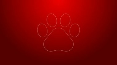 Kırmızı arkaplanda yeşil çizgi Paw yazdırma simgesi izole edildi. Köpek ya da kedi pençesi izi. Hayvan izleri. 4K Video hareketli grafik canlandırması