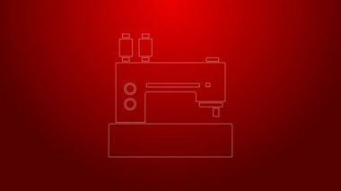 Kırmızı arkaplanda yeşil çizgi dikiş makinesi simgesi izole edildi. 4K Video hareketli grafik canlandırması