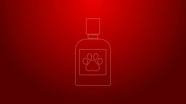 Zelená čára Pes lék láhev ikona izolované na červeném pozadí. Kontejner s prášky. Lék na předpis pro zvířata. Grafická animace pohybu videa 4K — Stock video