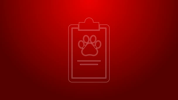 Green line Clipboard with medical clinical record pet icon isolated on red background. Health insurance form. Medical check marks report. 4K Video motion graphic animation — Stock Video