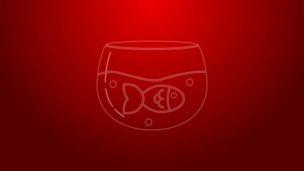 Línea verde Acuario con icono de pescado aislado sobre fondo rojo. Acuario de vidrio redondo. Acuario para el hogar y mascotas. Animación gráfica de vídeo 4K — Vídeos de Stock