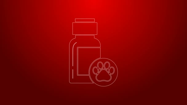 Línea verde Icono del frasco de medicina para perros aislado sobre fondo rojo. Contenedor con pastillas. Medicina de prescripción para animales. Animación gráfica de vídeo 4K — Vídeo de stock