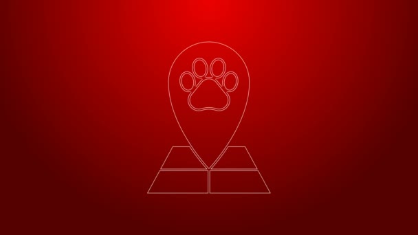 Green line Map pointer with veterinary medicine hospital, clinic or pet shop for animals icon isolated on red background. Veterinarian clinic. 4K Video motion graphic animation — Stock Video