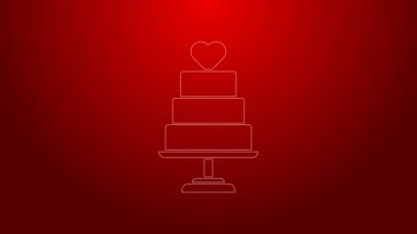 Kırmızı arka planda kalp ikonu olan yeşil çizgi düğün pastası. 4K Video hareketli grafik canlandırması