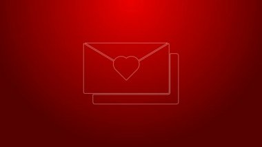 Kırmızı zemin üzerinde sevgililer günü kalp ikonu olan yeşil çizgi. Mesaj aşkım. Aşk ve romantizm mektubu. 4K Video hareketli grafik canlandırması