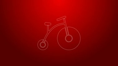 Yeşil çizgili, tek tekerli eski bir bisiklet ve kırmızı arka planda izole edilmiş küçük bir ikon. Bisikletle toplu taşıma levhası. 4K Video hareketli grafik canlandırması