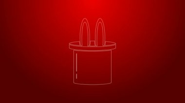 Yeşil çizgi sihirbaz şapkası ve tavşan kulağı simgesi kırmızı arkaplanda izole edilmiş. Sihir numarası. Gizemli eğlence konsepti. 4K Video hareketli grafik canlandırması