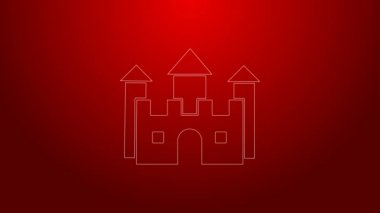 Yeşil çizgi Castle simgesi kırmızı arkaplanda izole edildi. 4K Video hareketli grafik canlandırması