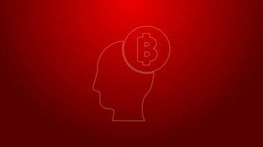 Yeşil çizgi Bitcoin kırmızı arkaplanda izole edilmiş bir simge olduğunu düşünüyor. Kripto para birimi başı. Engelleme teknolojisi, dijital para piyasası, şifreli para cüzdanı. 4K Video hareketli grafik canlandırması