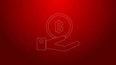 Yeşil Hat El, Bitcoin simgesini kırmızı arka planda tutuyor. Engelleme teknolojisi, dijital para piyasası, şifreli para cüzdanı. 4K Video hareketli grafik canlandırması
