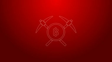 Yeşil çizgi, kırmızı arkaplanda izole edilmiş kazma simgesini geçti. Engelleme teknolojisi, kripto para madenciliği, bitcoin, altsikkeler, dijital para piyasası. 4K Video hareketli grafik canlandırması