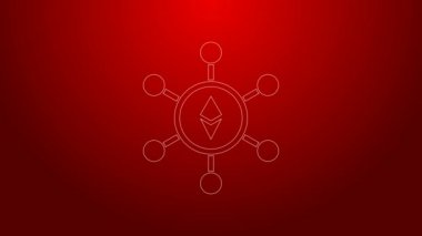 Yeşil çizgi engelleme teknolojisi Ethereum ETH simgesi kırmızı arkaplanda izole edildi. Soyut geometrik blok zincir ağ teknolojisi işi. 4K Video hareketli grafik canlandırması