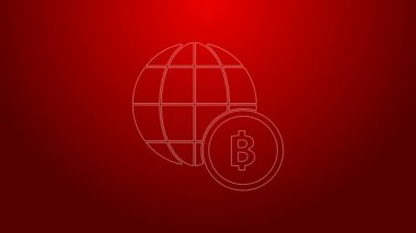 Yeşil çizgi Globe ve kripto para birimi simgesi Bitcoin kırmızı arka planda izole edildi. Madeni para. Engelleme zinciri tabanlı şifreli para birimi. 4K Video hareketli grafik canlandırması
