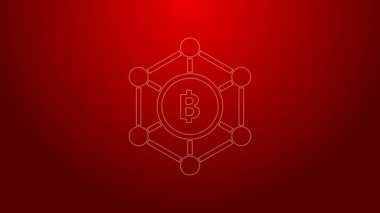 Yeşil çizgi engelleme teknolojisi Bitcoin simgesi kırmızı arkaplanda izole edildi. Soyut geometrik blok zincir ağ teknolojisi işi. 4K Video hareketli grafik canlandırması