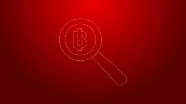 Kırmızı zemin üzerinde Bitcoin simgesi olan yeşil çizgi büyüteç. Madeni para. Engelleme zinciri tabanlı şifreli para birimi. 4K Video hareketli grafik canlandırması