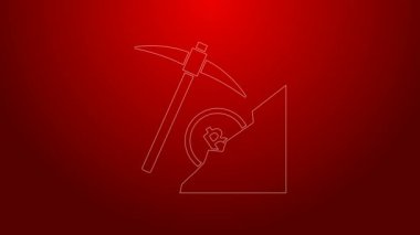 Yeşil çizgi kripto para birimi bulut maden ikonu kırmızı arka planda izole. Kazmalı bulut, bitcoin, dijital para piyasası, kripto para cüzdanı. 4K Video hareketli grafik canlandırması